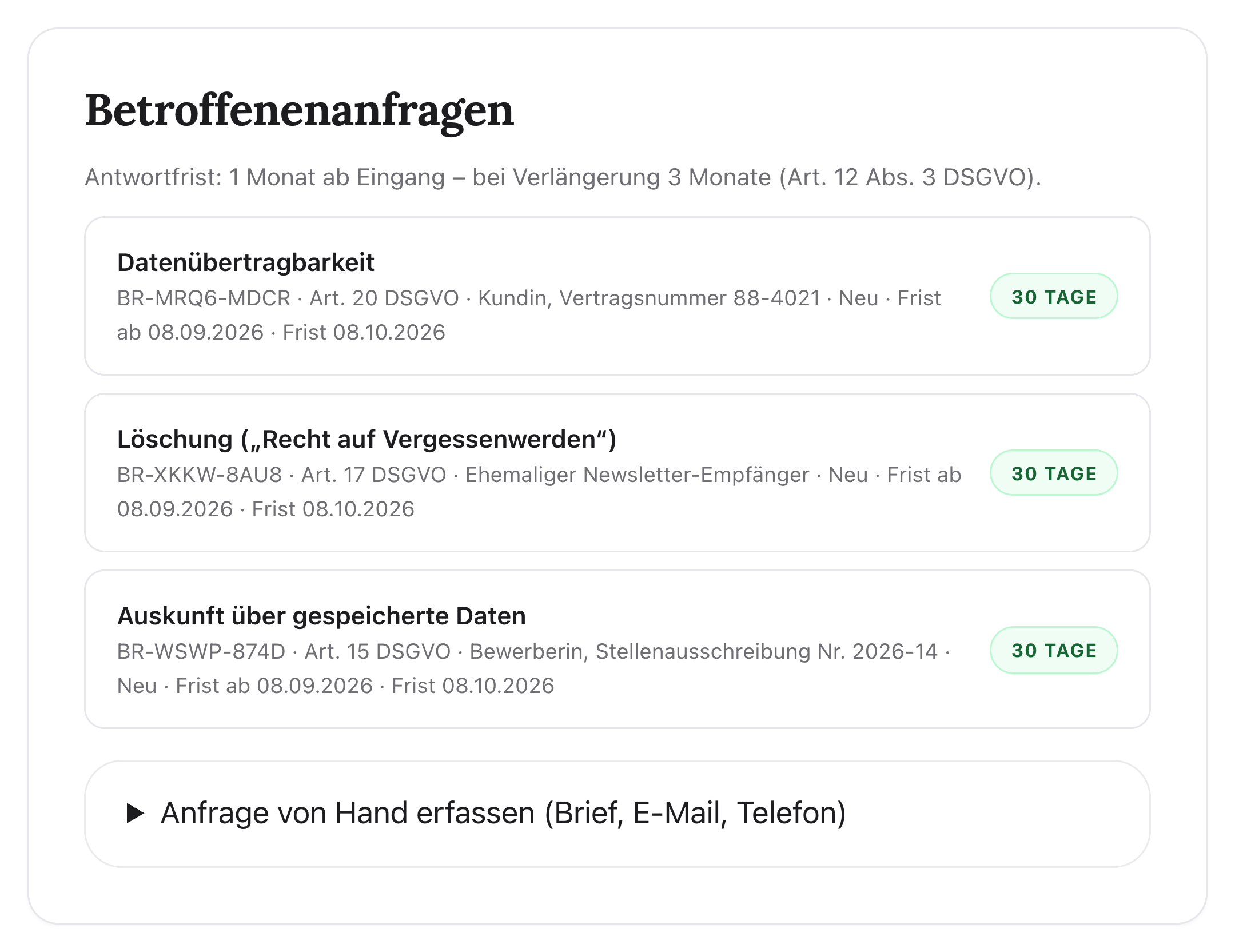 Anfragen-Übersicht in BetroffenenRecht: drei DSGVO-Betroffenenanfragen – Auskunft, Löschung und Datenübertragbarkeit – jeweils mit Vorgangscode, Frist nach Art. 12 Abs. 3 DSGVO und Ampel.